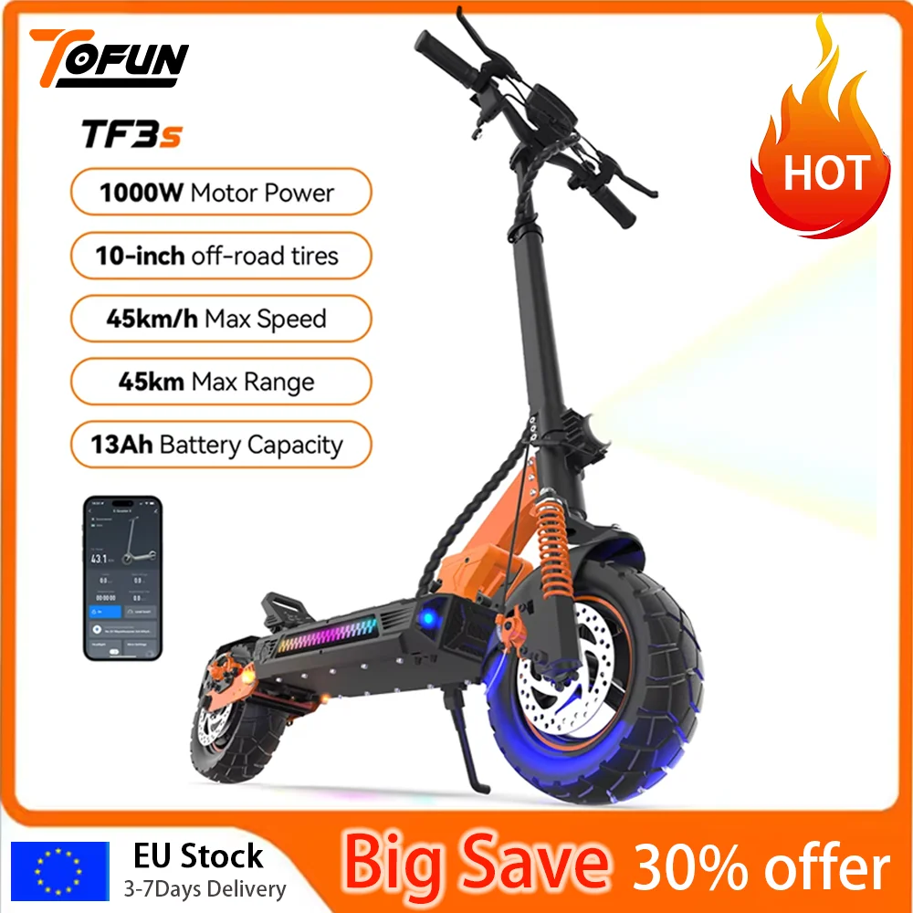 Trottinette électrique TOFUN TF3S 1000W avec vitesse APP Maxi 45 km/h autonomie 35-45km 48V13Ah pneus 10 pouces 4 Modes pliables