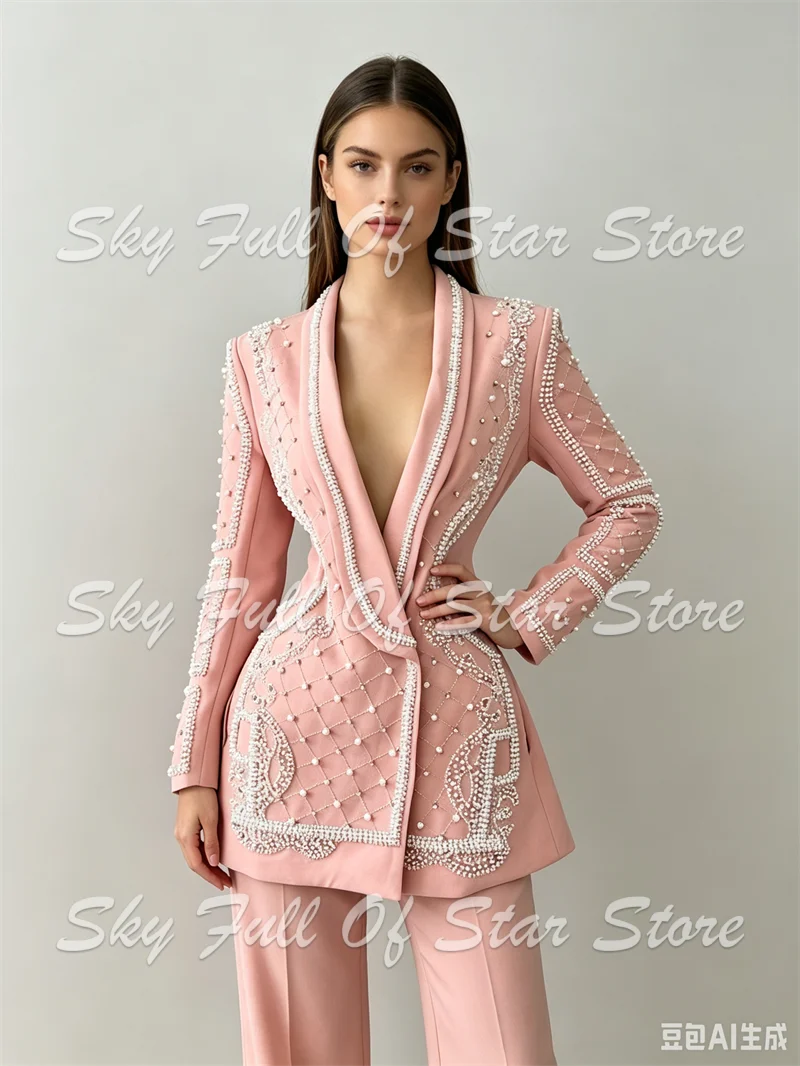 Pink Women Suit Set 2 Pcs Handmade Pearl Beaded Deep V Blazer+Long Pants Custom Formal Evening Club Party Wedding Lady Jacket
