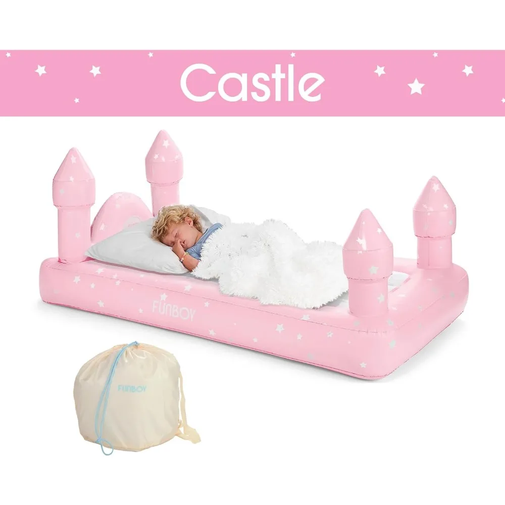 سرير قابل للنفخ على شكل قلعة وردية محمولة للأطفال مع حجم مزدوج وحقيبة تخزين