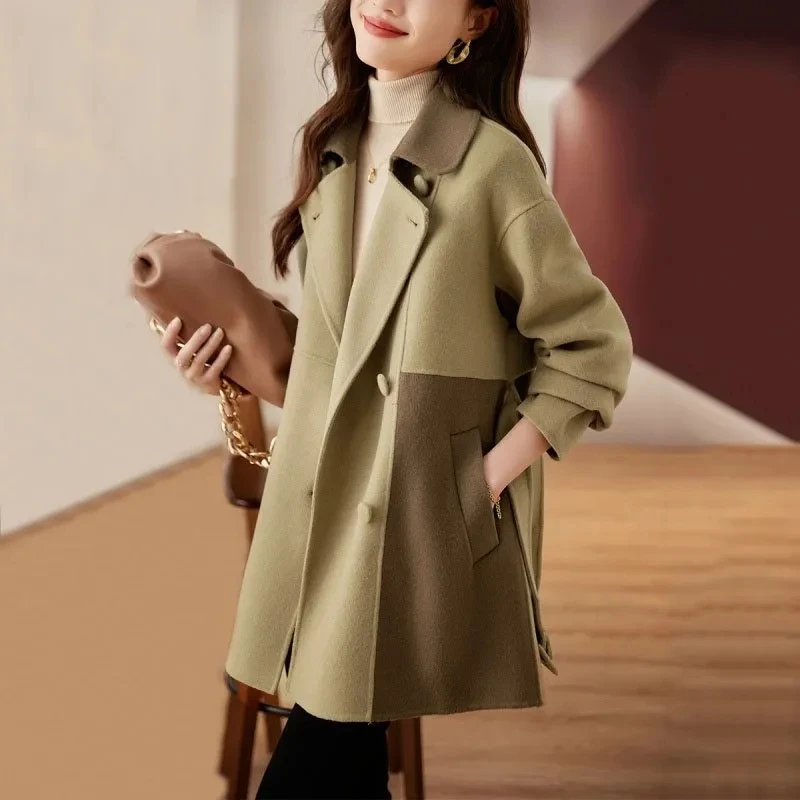 

Double-breasted Long-sleeved Woolen Jacket Women's 2024 Spring Autumn New Fashion Slim Joker Contrast Stitching Large Lapel Coat