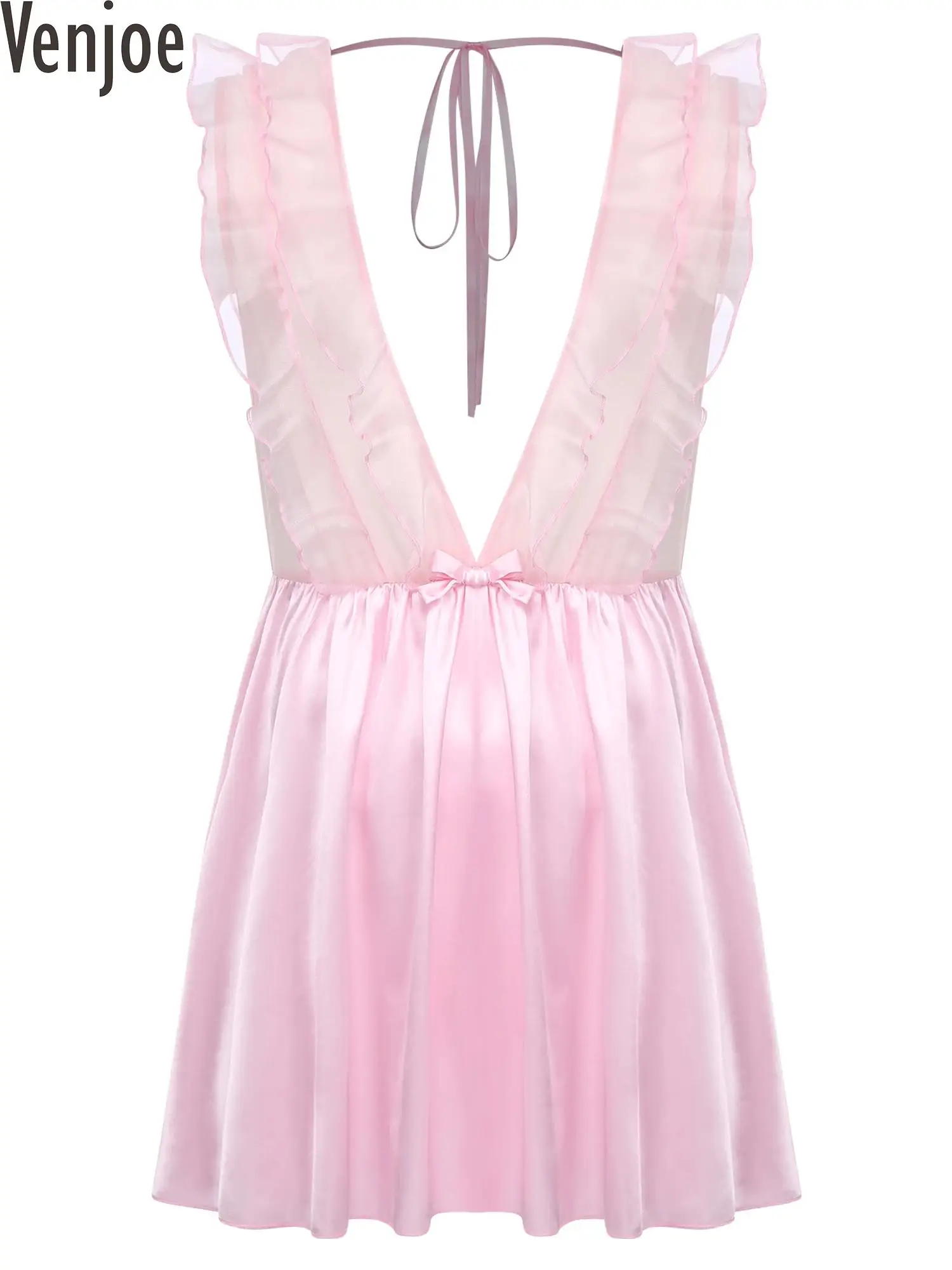 

Unisex Men Sissy Sleep Dress Deep V Necl Sleeveless Ruffle Sheer Satin Mini Dress Crossdresser Nightdress Nightwear