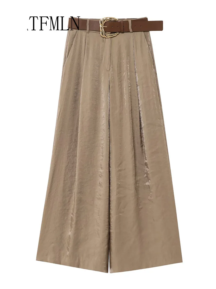 TFMLN Mode Frauen Feste Breite Bein Hose Mit Gürtel 2025, Sommer Chic Kausalen Zipper Volle Hosen Einfache Weibliche High Street Hosen