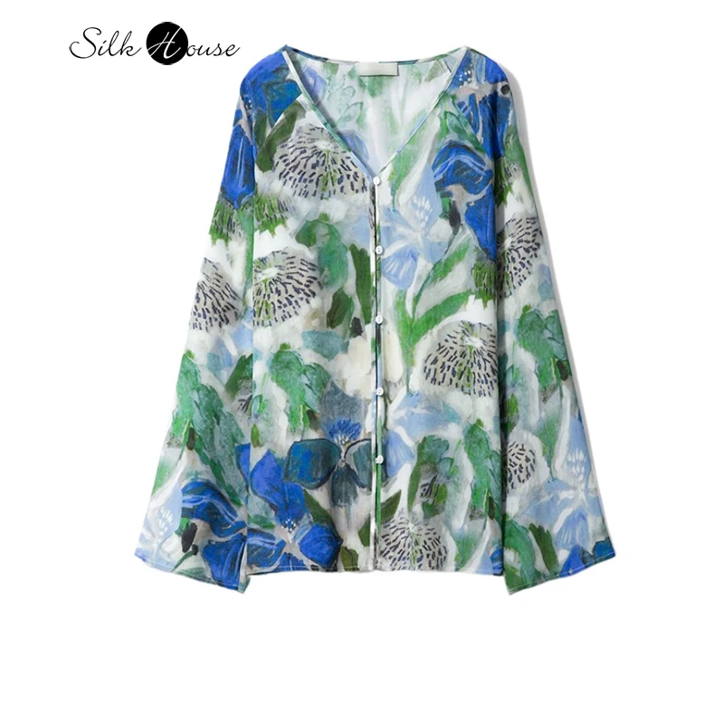 

2025 Women's Casual Early Autumn New 100% Natural Mulberry Silk Crepe De Chine Vacation Style Printed V-neck Long Sleeved Shirt
