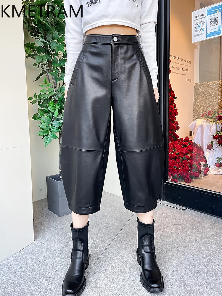 KMETRAM 100 % Oberschicht aus Schaffell, Damenhose, lockere, kurze Hose, echtes Leder, Haremshose, Damen, 2025, Herbstkleidung
