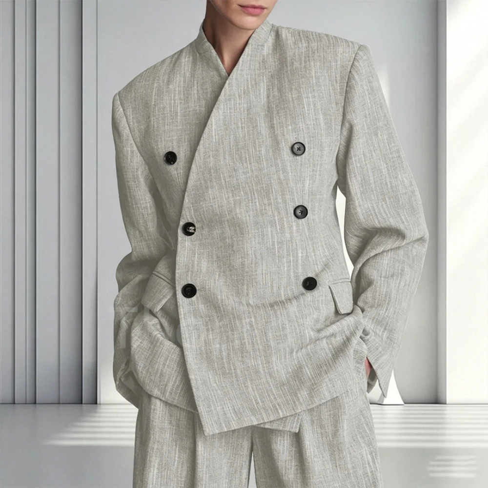 Navy Linen Blend Men's Suits and Separates Casual Loose Fit Double Breasted 2 Piece Jacket Pants Formal Evening Party Outfit