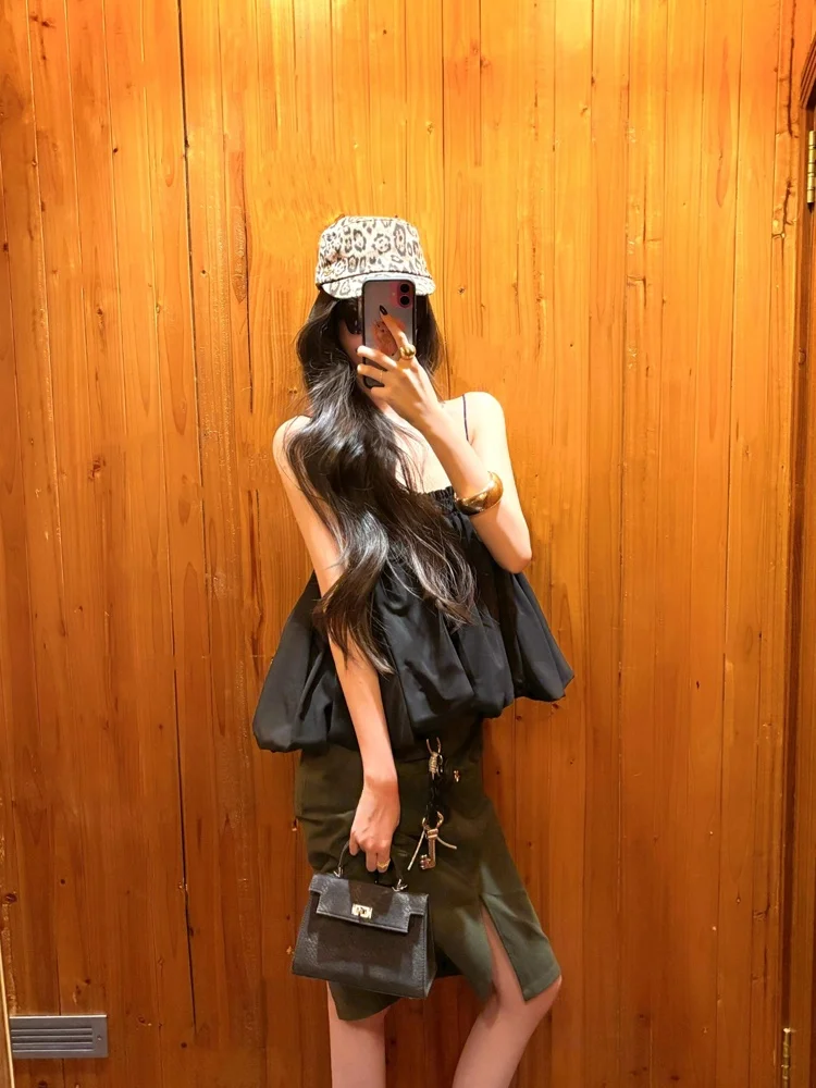

Spicy Girl Summer Design Loose Strapless Tube Top High Waist Split Straight Leg Workwear Half Skirt Two Piece Set Women's Fas...