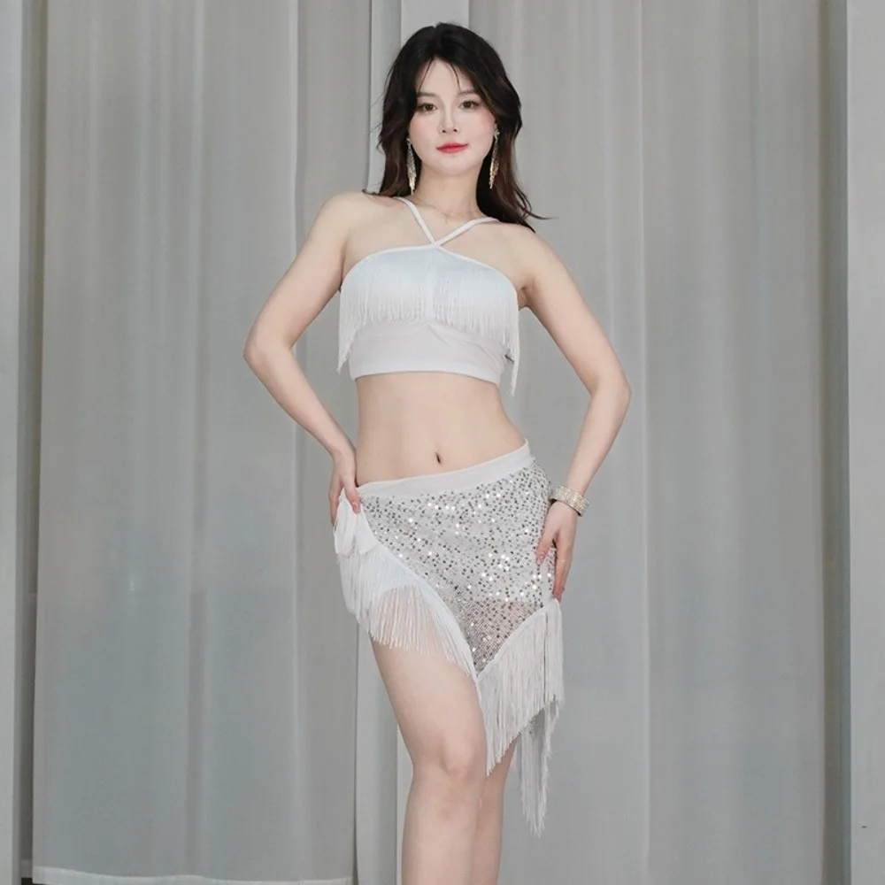 Belly Dance Costume 3-Piece Set: Bra Top, Fringe Hip Scarf & Safety Shorts - Practice Wear for Training & Stage Performance