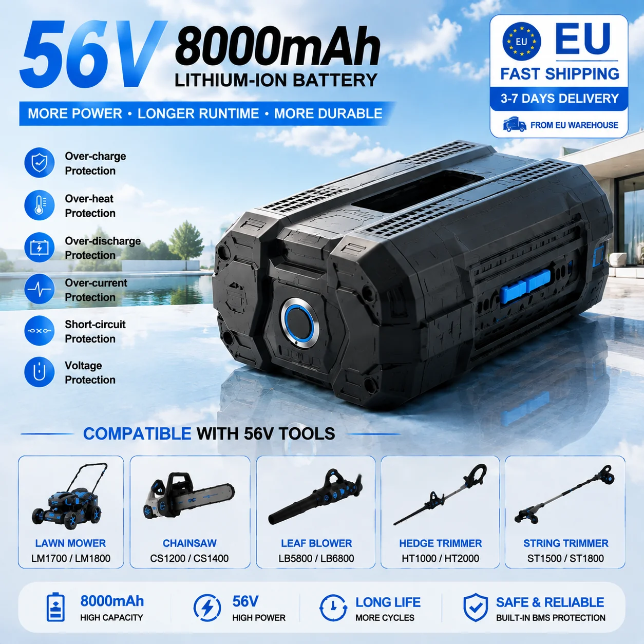 Pack de remplacement de batterie lithium-ion 56V 8000mAh pour plusieurs outils sans fil 56V BA1400 BA2800 BA2800T BA4200 BA4200T, batterie rechargeable grande capacité avec protection BMS intelligente, conception durable, livraison rapide UE