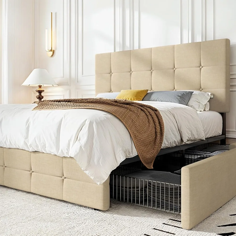 

HOOMIC Full Platform Storage Bed Frame with 4 Drawers & Adjustable Headboard, Wooden Slats, No Box Spring Needed,Square Stitched