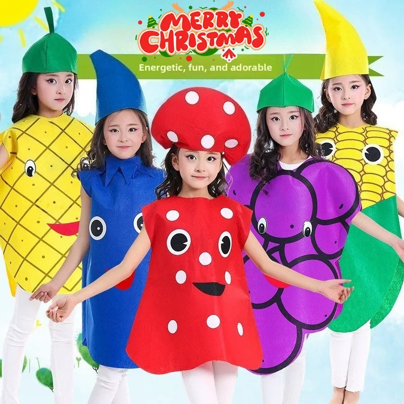 Kostum Natal Anak-Anak Pakaian Buah Sayuran Wortel Jagung Cabai Kostum Pertunjukan Tari Orang Tua-Anak