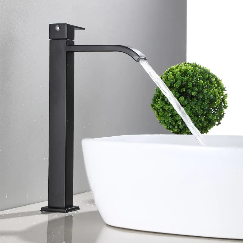 

Bathroom Basin Faucet Stainless Steel Waterfall Tall Sink Vessel Tap Matt Black Single Handle Deck Mount Lavotory Faucets