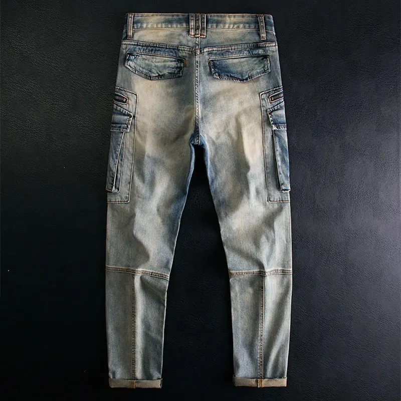 Pantalones vaqueros Retro lavados para Hombre, Jeans elásticos ajustados con bolsillo, pantalones Cargo de diseñador, estilo Hip Hop, para motorista