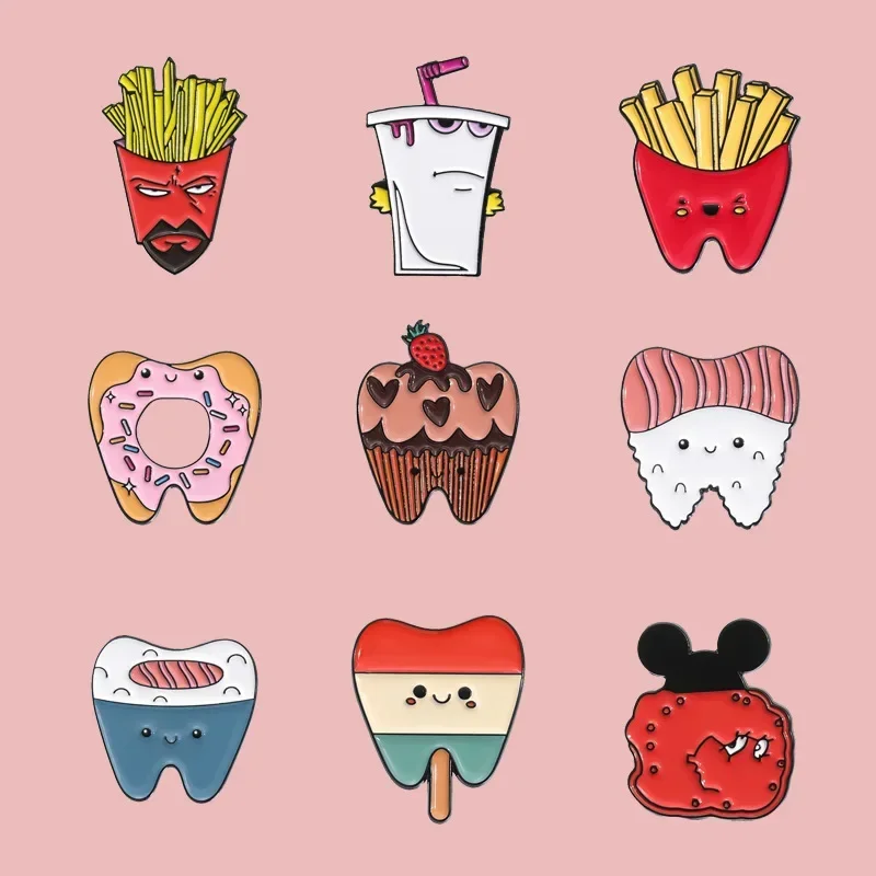 Enamel Pins Cute Cartoon Teeth Design Combination Brooch Creative Food French Fries Sushi Cake Cola Badge Set Badges Metal Pin