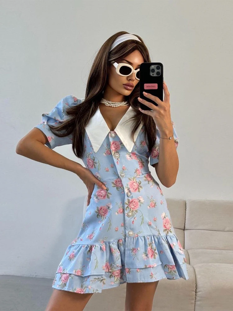 

Элегантное женское мини-платье с цветочным принтом и оборками, шикарное, с отложным воротником, однорядными жемчужными пуговицами, приталенное, Vestidos 2026, для вечеринок