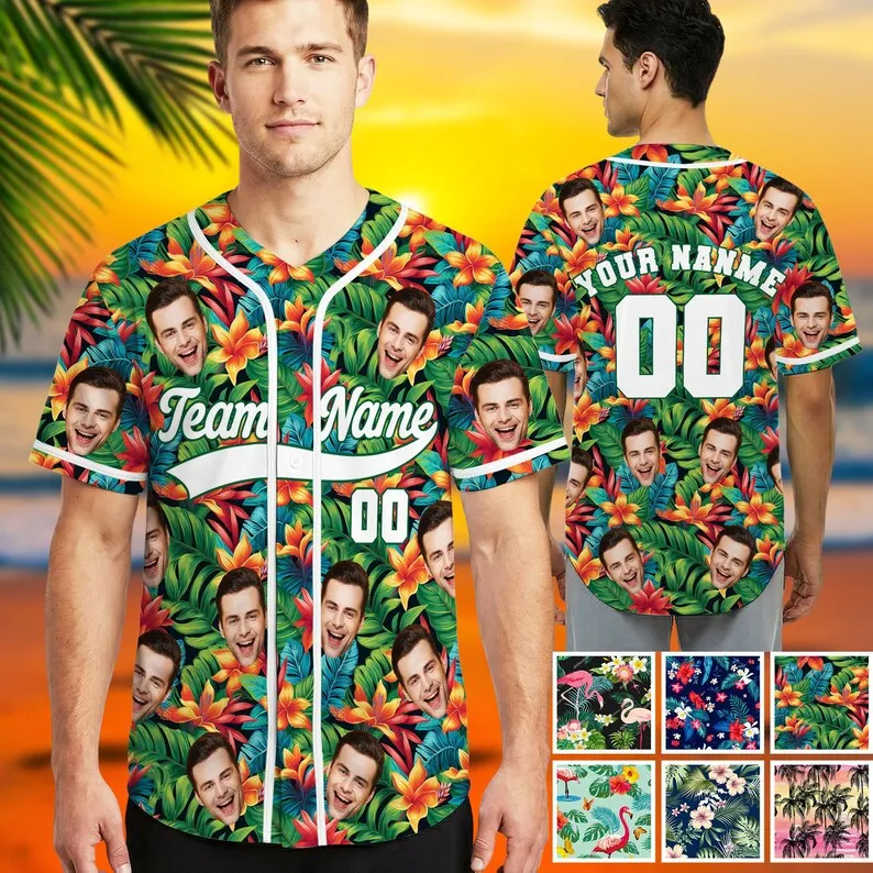 

Custom Face Photo Baseball Jersey Men Personalized Team Name Number Tropical Floral Print Button Down Hawaiian Beach Shirts