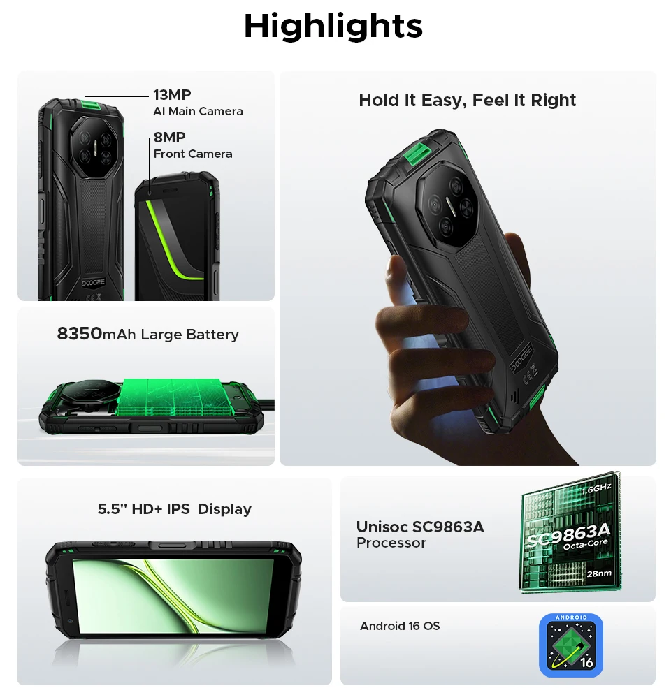 DOOGEE Fire 3 Rugged Phone 8350mAh Battery 5.5'' Display 12GB RAM (3GB+9GB) 64GB ROM Android 16 Smartphone Support Widevine L1