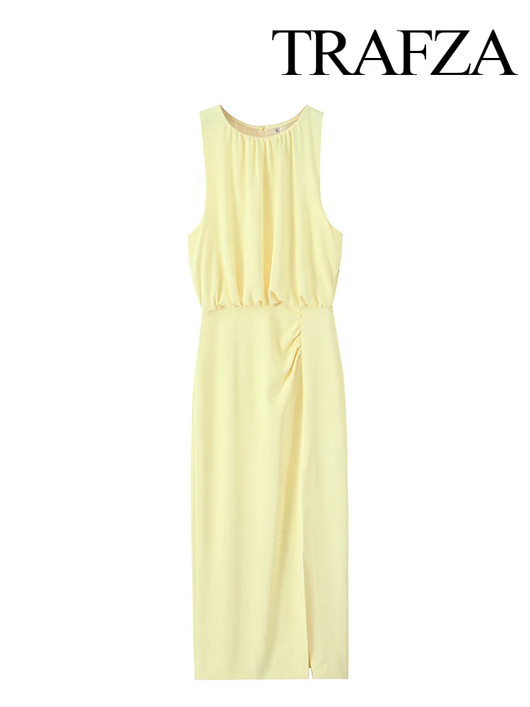 TRAFZA Summer Women Fashion Holiday Style Dress Fold Decoration Sleeveless Split Hem Women's Solid O-Neck Long Dresses 2025