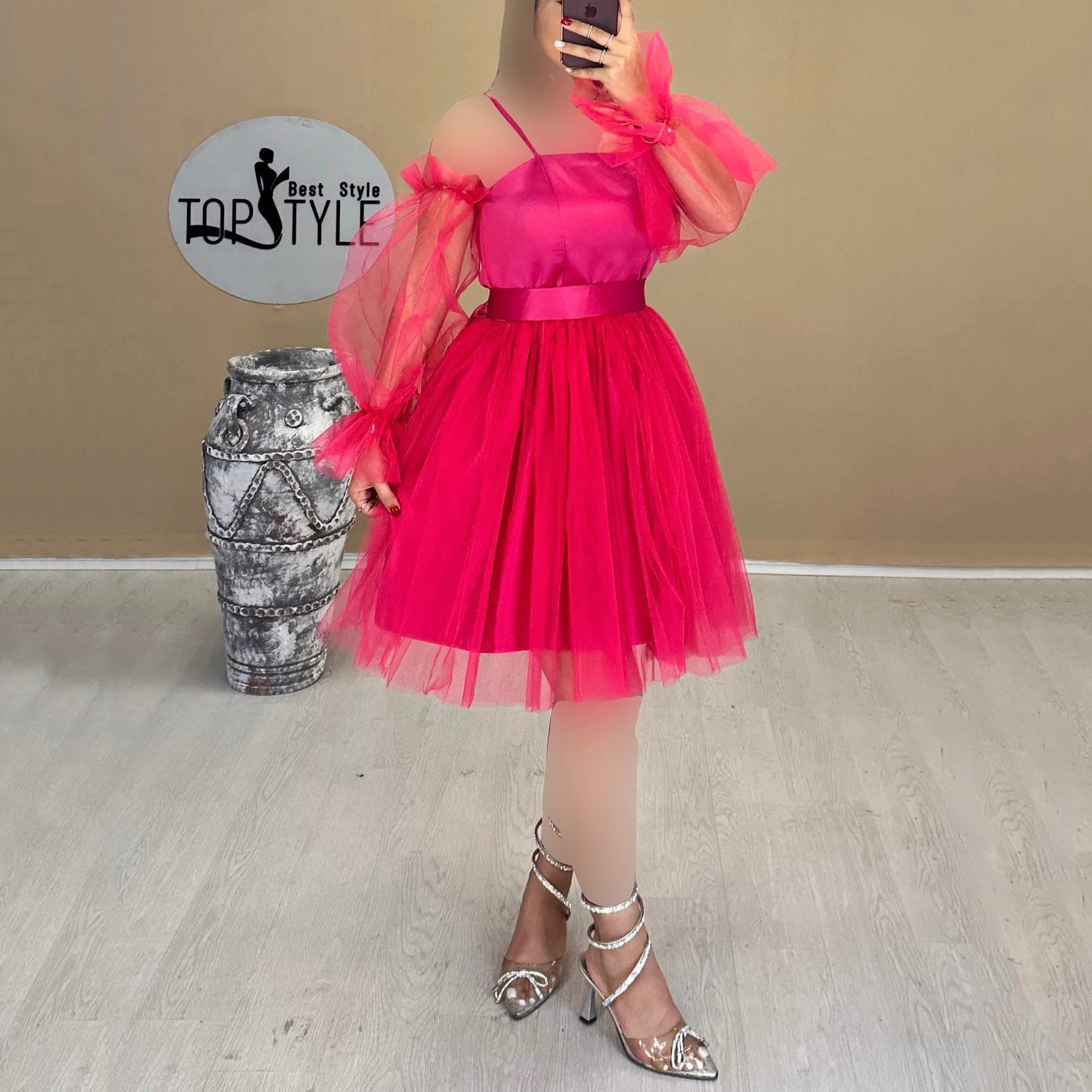 

Bafftafe Simple Fuchsia Short Party Dresses Puff Long Sleeves Tulle Corset Women Prom Gowns Formal Graduation Dress Customized