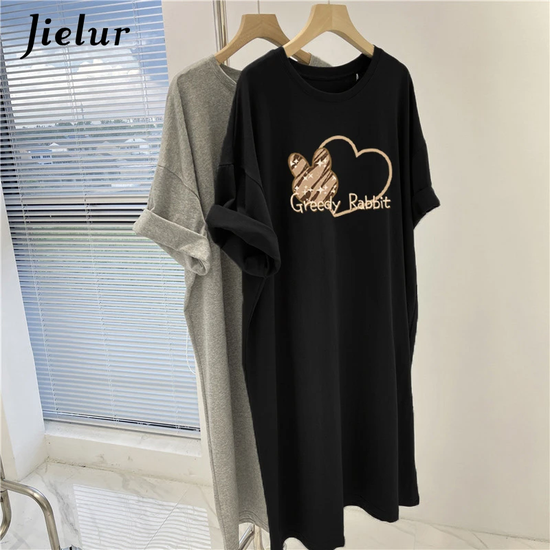 Jielur neue einfarbige Frauen lange Rundhals-T-Shirt Kleid Sommer koreanische Mode lose Größe lässig einfache Frauen kleider