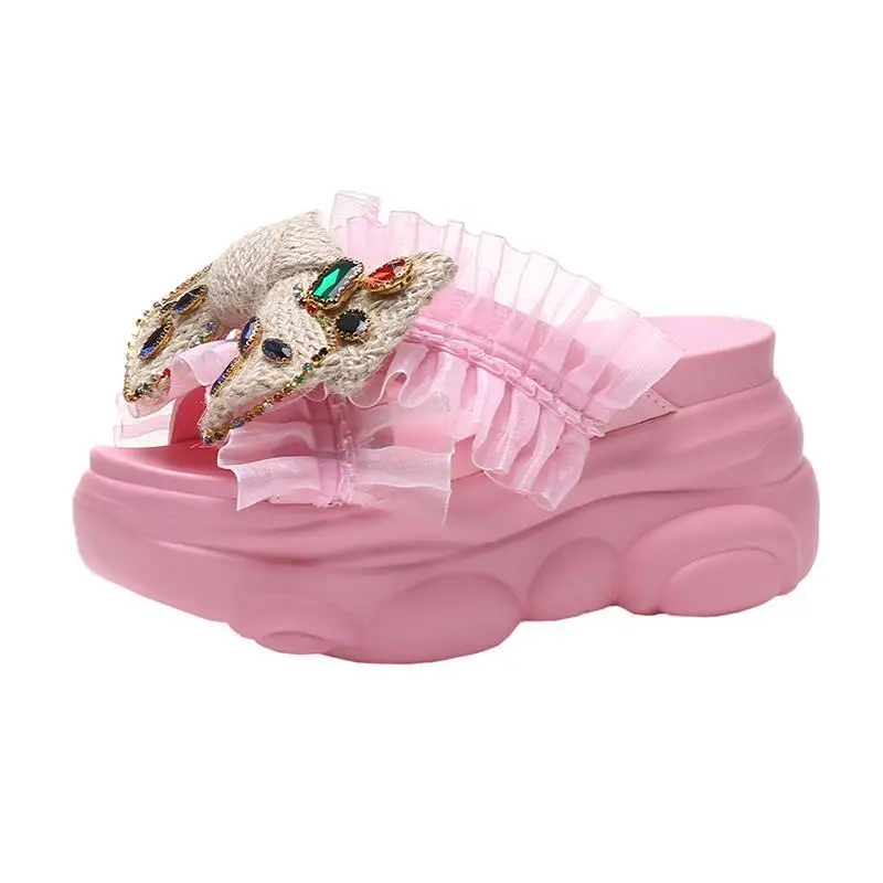 

European Summer Lace Bowknot Platform Slippers 2026 Women Thick Bottom Slippers Female Outdoor Height-increasing Wedge Slides
