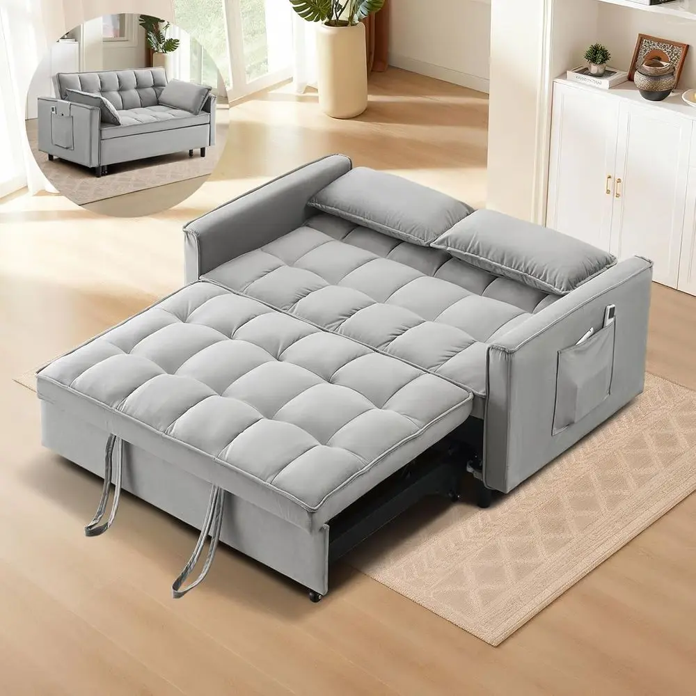 

Convertible Sleeper Sofa Bed with Velvet Loveseat and Pull-Out Couch, Small Lounge Sofa with Reclining Backrest and Throw Pillow