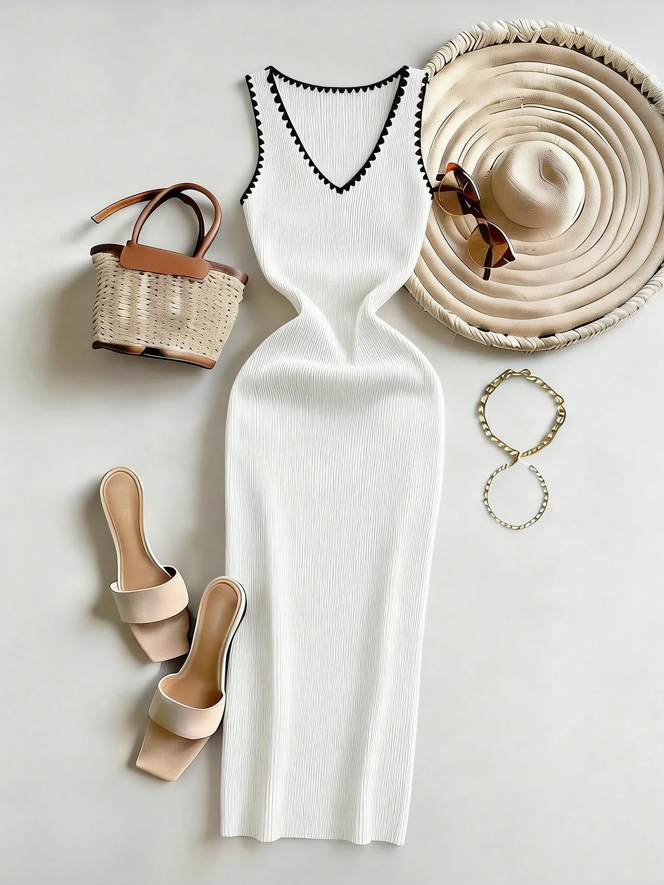 

Белое ребристое платье-боди с V-образным вырезом без рукавов для женщин, летнее, элегантное, облегающее