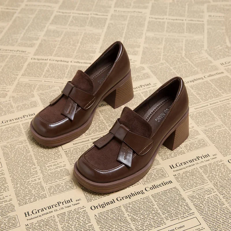 2024 British Style Women's Shoes Fashion Loafers Spring Autumn Bow-knot Square Toe Chunky High Heel Brown Small Leather Shoes