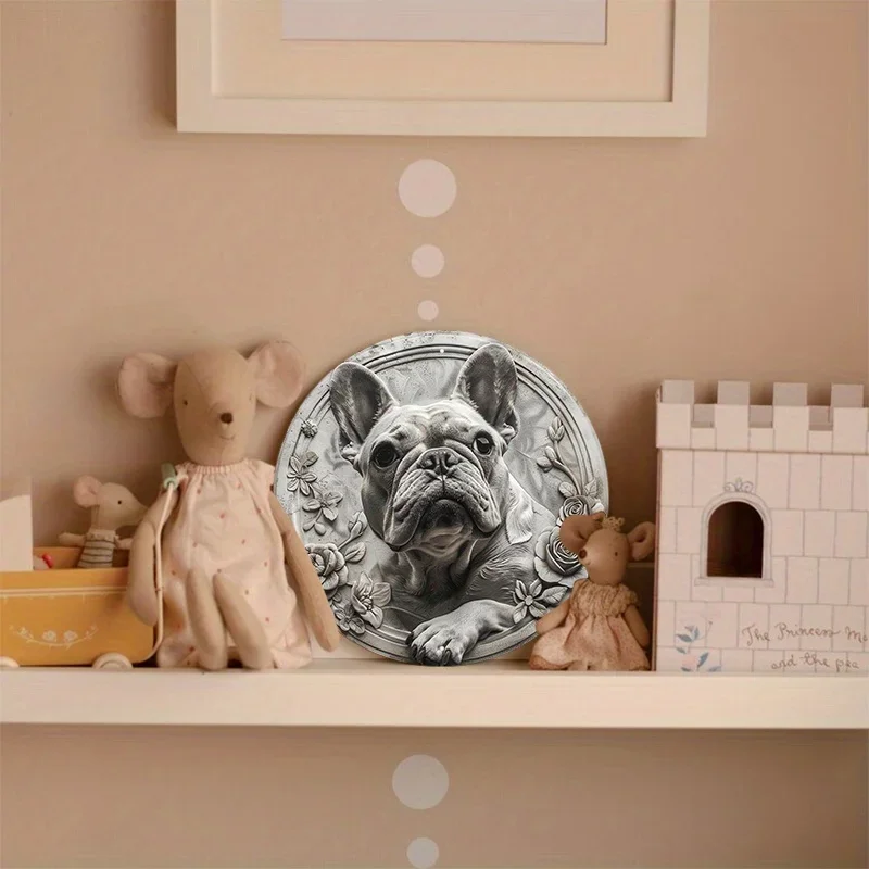 Aluminum Metal Sign Circular Metal Plaque Decoration Black And White Art Print Of French Bulldog wall decor room farmhouse decor