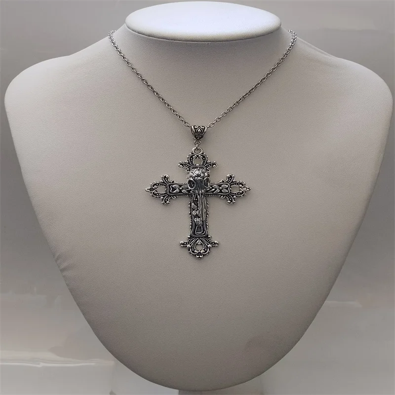 Antique Silver Color Victorian Style Bird Skull Cross Necklace Gothic Macabre Lovers Great Gift Halloween Amulet Edgy Jewelry