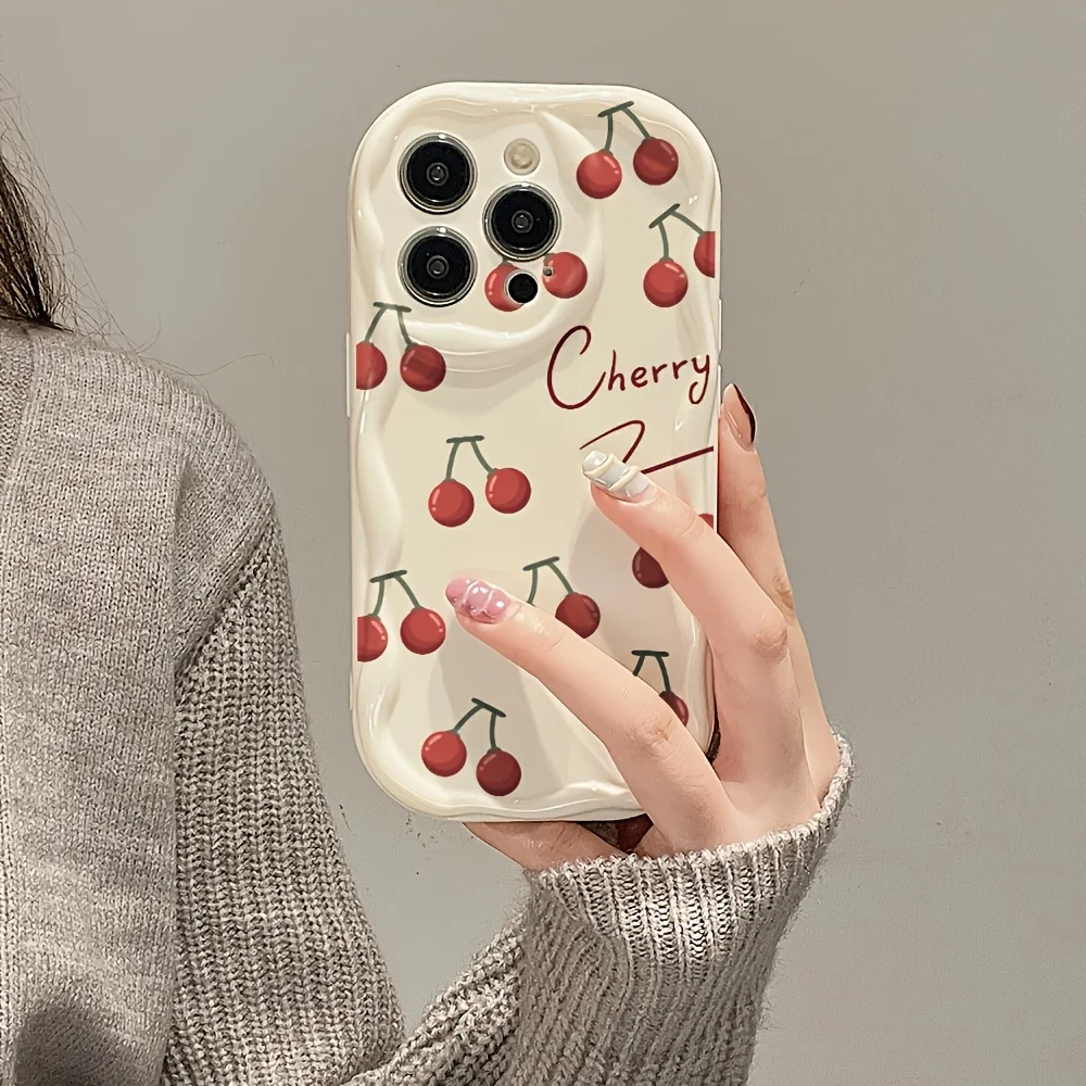 Red Cherry Korean INS Phone Case For Samsung Galaxy S25 S24 S26 Plus Ultra A37 A56 A36 A57 A07 A17 A27 A15 Ripple Pattern Cover