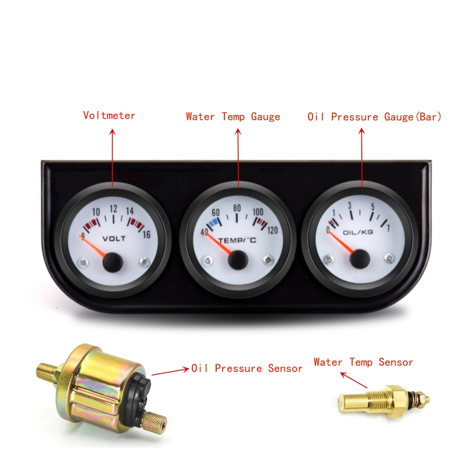 52mm 3 In 1 Oil Pressure Gauge + Voltmeter + Water Temp Gauge Kit with Sensor Oil Temp Gauge Voltmeter Oil Press Triple Meter