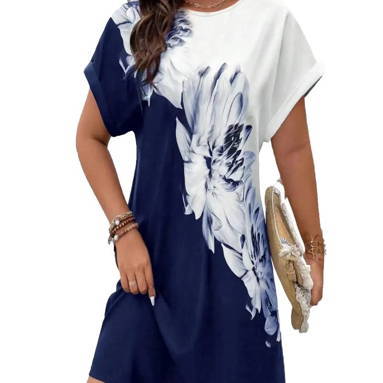 T-shirt ourlet fleuri Dr femme décontracté taille haute polyester chauve-souris Sve rond Ne ort Sve Busin Casual Dr