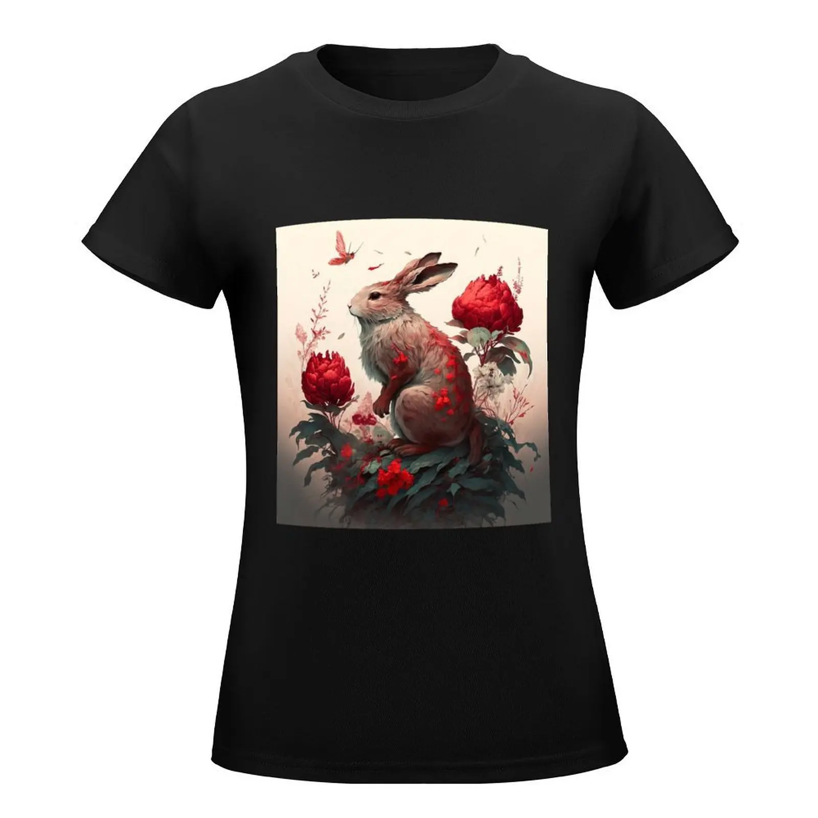 Hare and Red Flowers T-Shirt kawaii clothes summer top Female clothing Women's summer blouses 2024