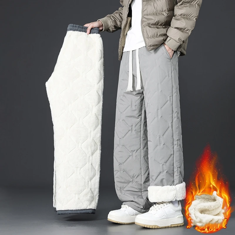 Winter Men Thick Casual Pants Mens Fleece Warm Velvet Sweatpants Men Thermal Oversize Wide Leg Pants Man Cotton-Padded Trousers