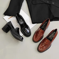 Mrxmus Duti2024 New Women Spring Fashion Square Head Glossy Leather Shoes Solid England Style Low Heel Commute Shoes Female Chic