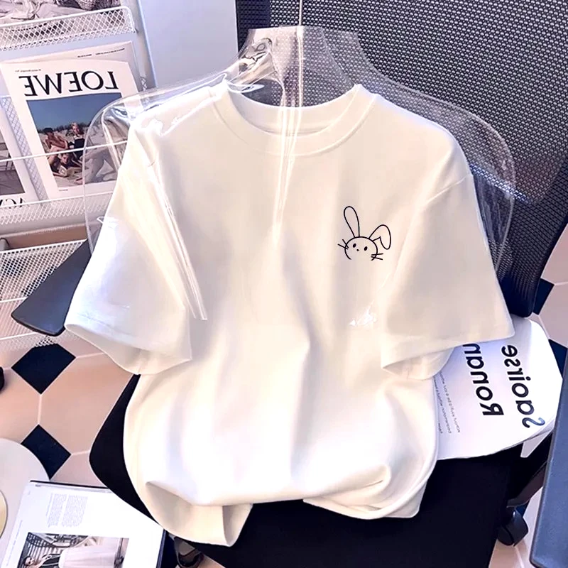 Cute Rabbit Smiling Face Printed T-shirt 2026 New Popular Summer Loose Top Fashion Harajuku Kawaii T-shirt Women's Y2K Clothing