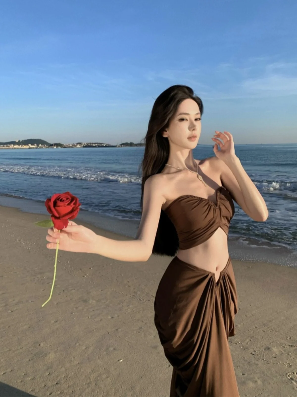 Sexy gebreide rok tweedelige set strandvakantie dames hoge taille elastische stof zomer lange mouw X-ape Dr