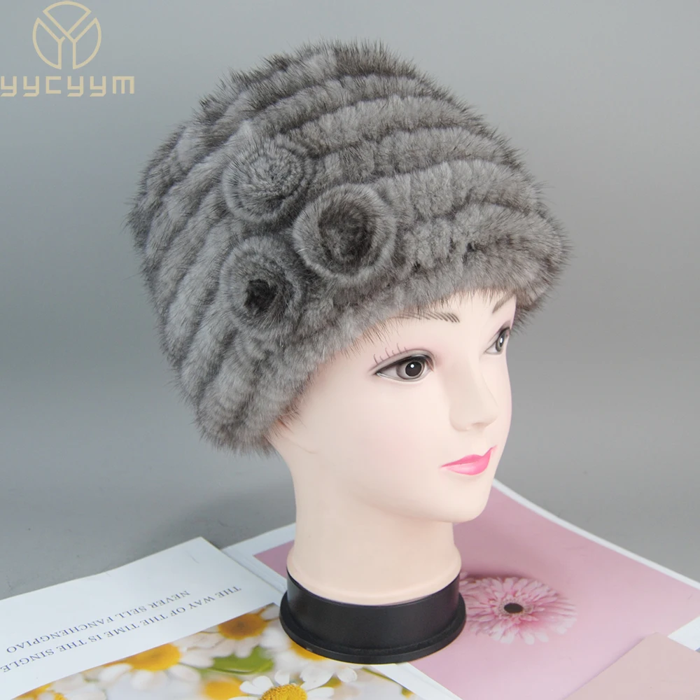 ขายร้อนถักหรูหราธรรมชาติ Mink Fur หมวกรัสเซียผู้หญิงดอกไม้ของแท้ Mink Fur Beanies หมวก Lady ฤดูหนาว Warm Mink Fur หมวก