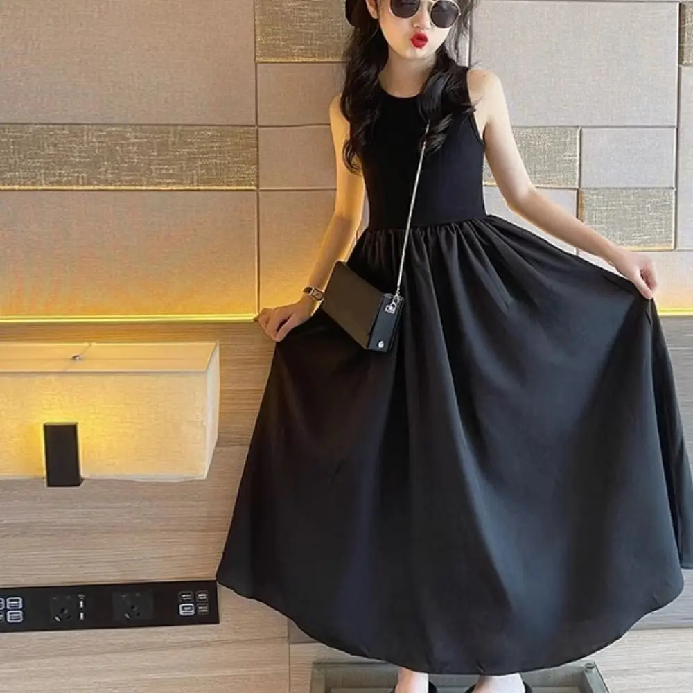 Casual sem mangas menina vestido de princesa doce elegante adolescentes vestido de festa solto crianças vestido preto verão