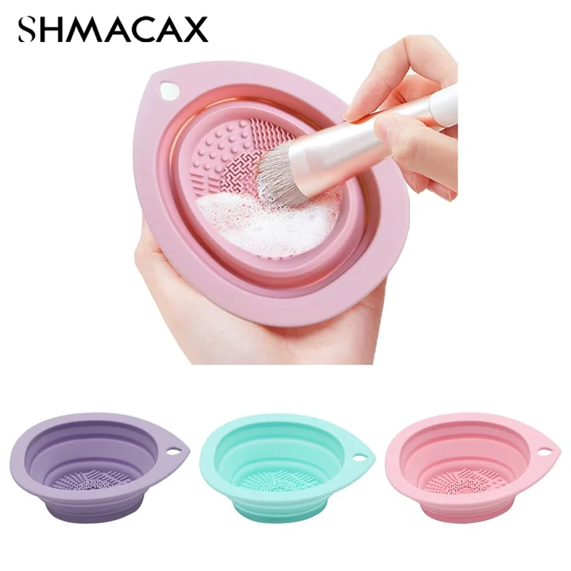 Pembersih sikat Makeup silikon dapat dilipat, mangkuk sikat Scrubber, alat cuci portabel pembersih sikat kosmetik