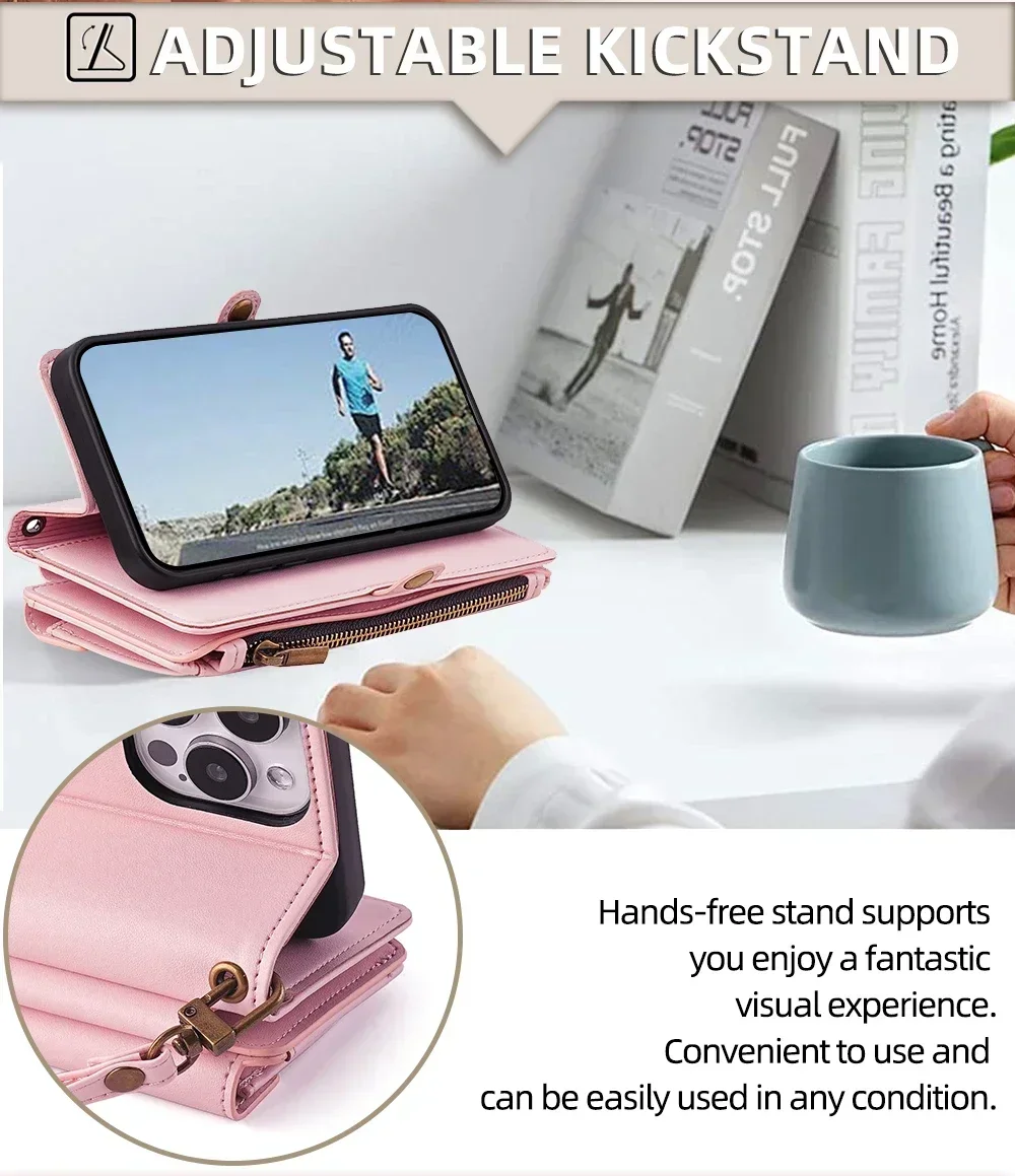 Reißverschluss PU-Leder Brieftasche Buchcover Handyhüllen für iPhone 16 16E 17 Air Pro Plus Max Flip Cover Multifunktionale Berging Bags – Detail 13