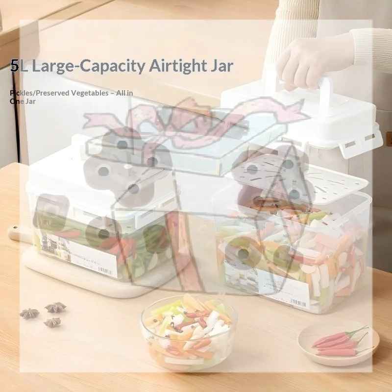 1Pc 4L Airtight Pickle Jar Plastic Leakproof With Press Plate Storage Container For Gherkin Sauerkraut Olive Kimchi Kitchen Bin