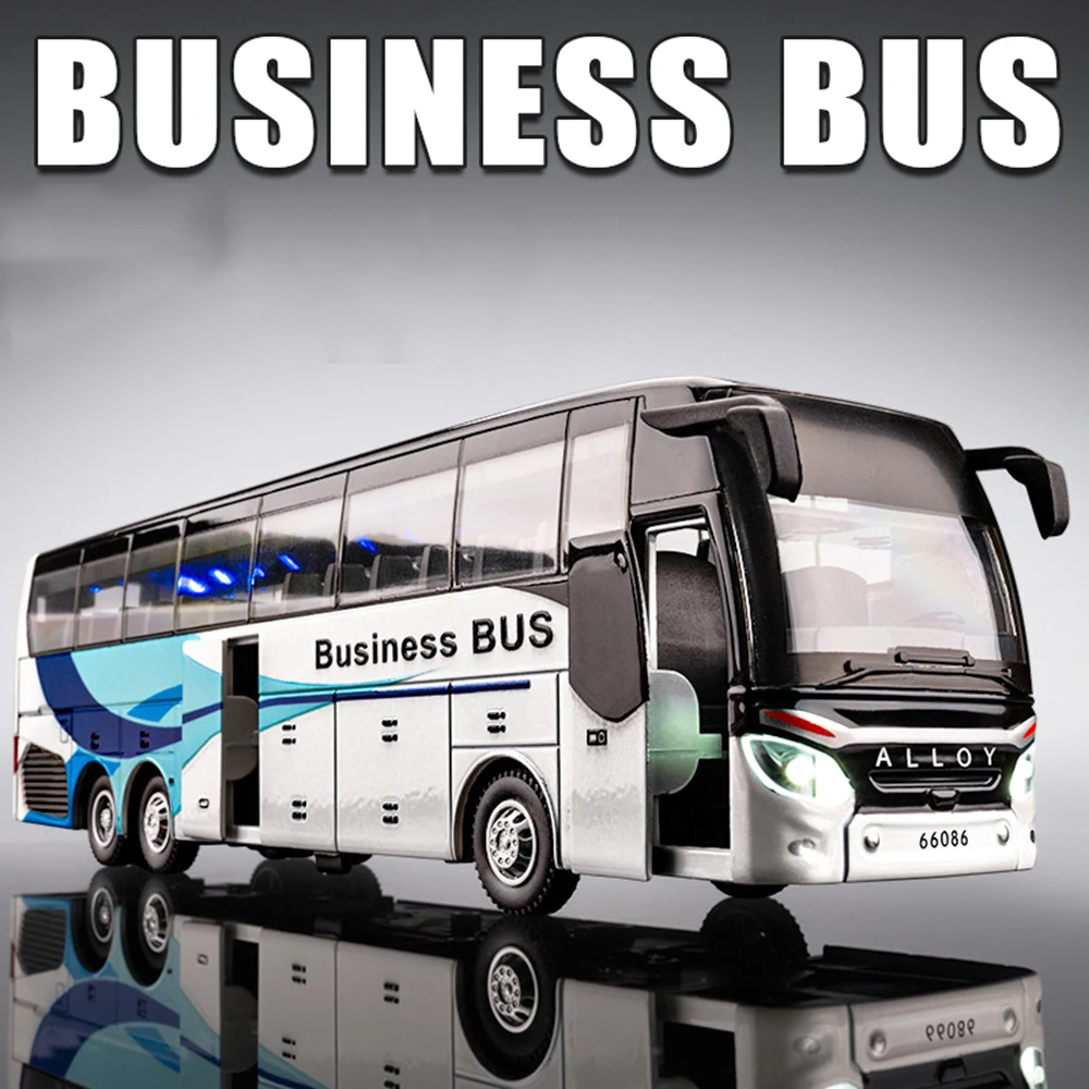 Modelo de juguete 1:30, autobús de una sola plataforma de larga distancia, modelos en miniatura fundidos a presión de Metal, puertas con luz de sonido, espalda abierta, regalos para niños