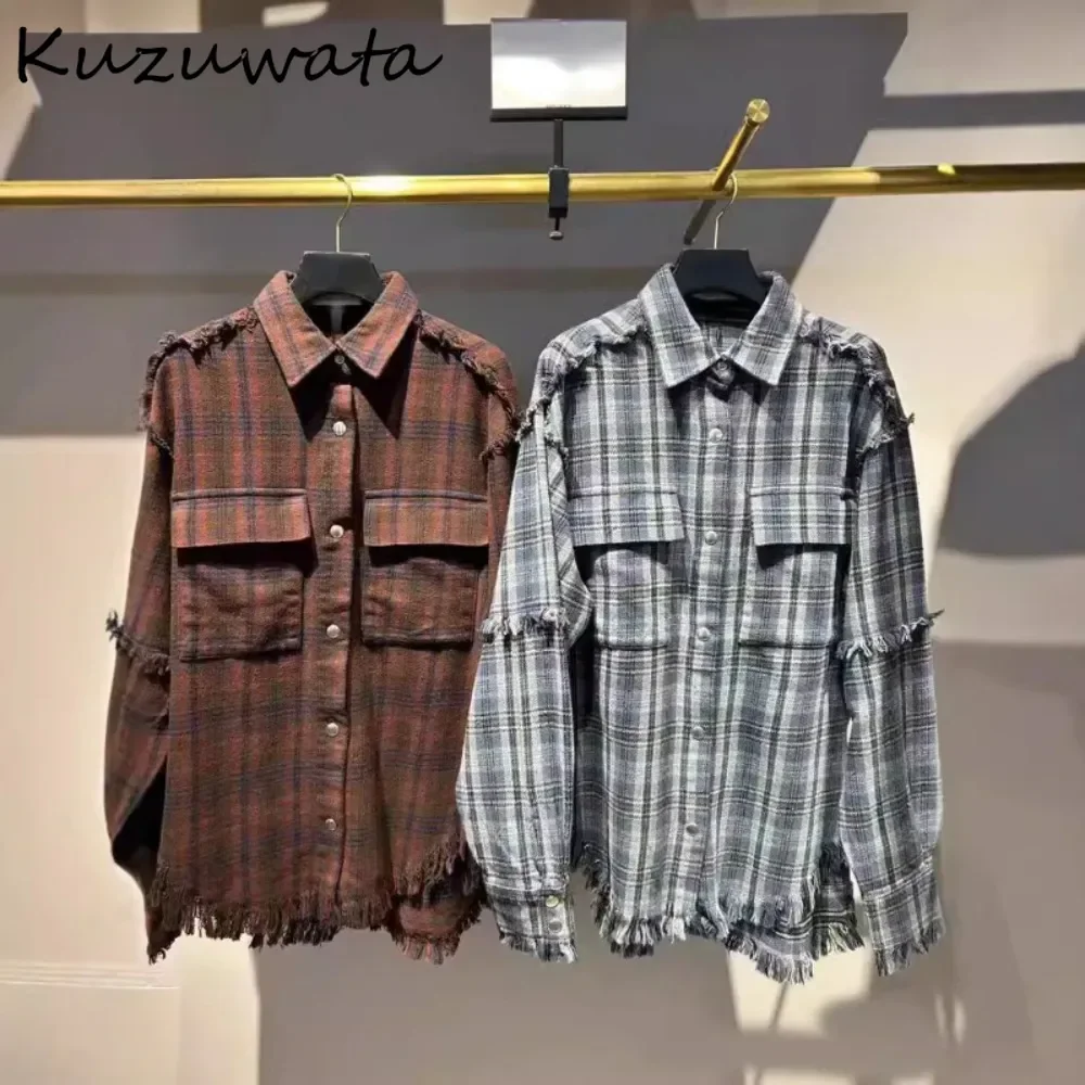 

Элегантная рубашка Kuzuwata в стиле Харадзюку с отложным воротником, Топ с длинным рукавом, универсальная свободная клетчатая рубашка с кисточками, японская мода, Англия, винтажные Блузы