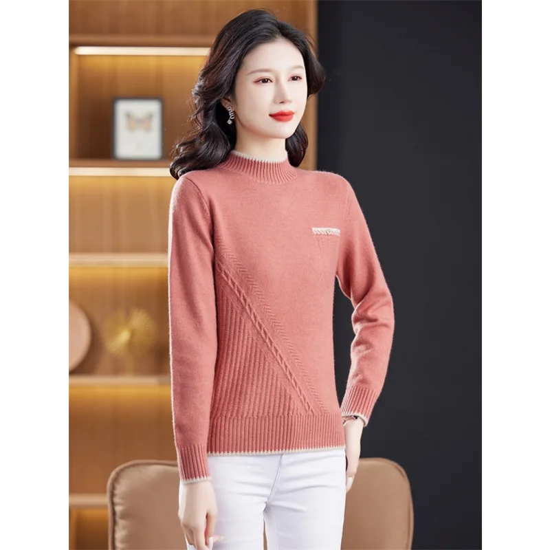 高級婦人ニットセーター ハーフハイカラー 長袖 クルーネック プルオーバー ベースレイヤーシャツ 広東省直販