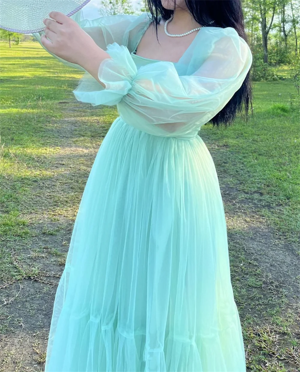 Jessica Light Green Wedding Dress Tulle Puff Long Sleeves Prom Dresses A-line Sweetheart Princess Bespoke Occasion Dresses