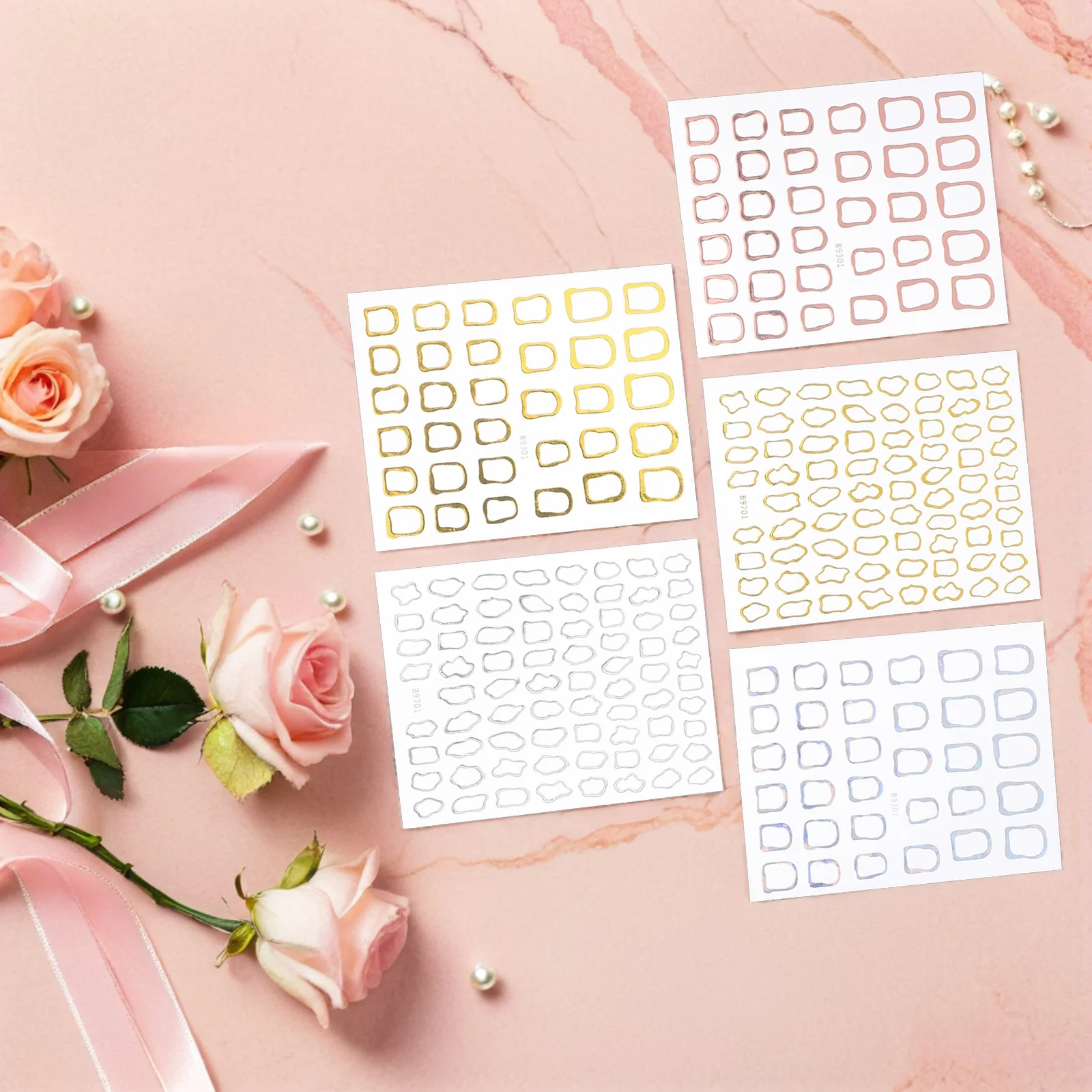 10pcs Nail Art Stickers Self Adhesive Metallic Gold 3D Geometric Hollow Frame Design Diy Manicure Decor For Women Girls Summer