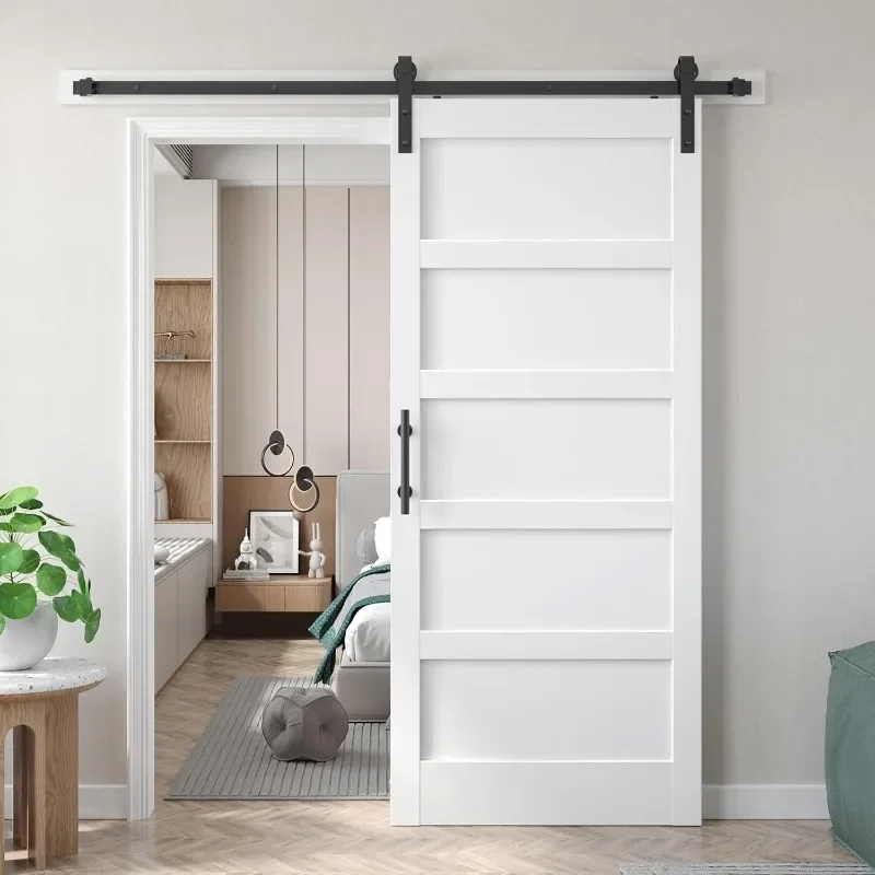 36x84 inch White Barn Door with 6.6FT Sliding Door Hardware Kit Included & Handle,Solid,MDF,5-Panel,Fit 33in-34in Opening