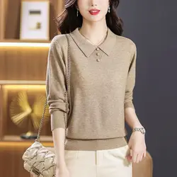 Autumn Women's New Long Sleeved Top Knitted Sweater for Reducing Age Lapel Sweater with Inner Layer and Stylish Bottom Shirt