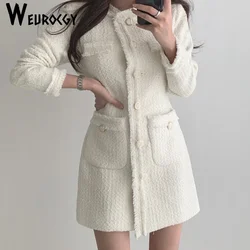 2022 Spring Autumn New Style Female Retro French Style Elegant Round Neck Single-Breasted Waist Pocket Long-Sleeved Tweed Dress